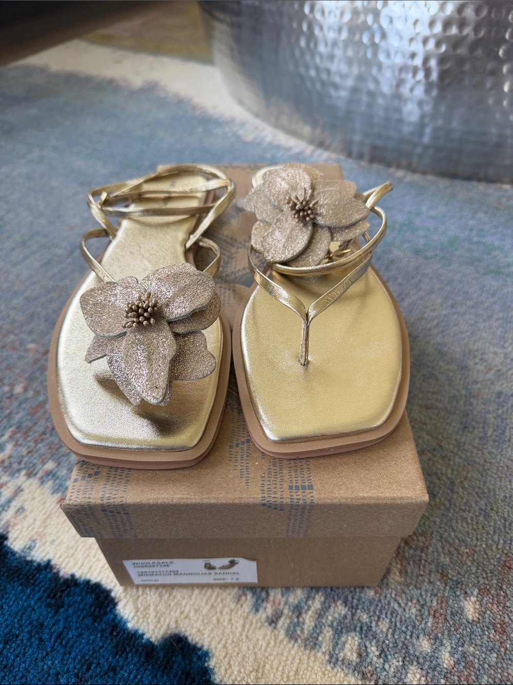 Free people Gold Floral Thong Sandals with Strappy Ankle - Women